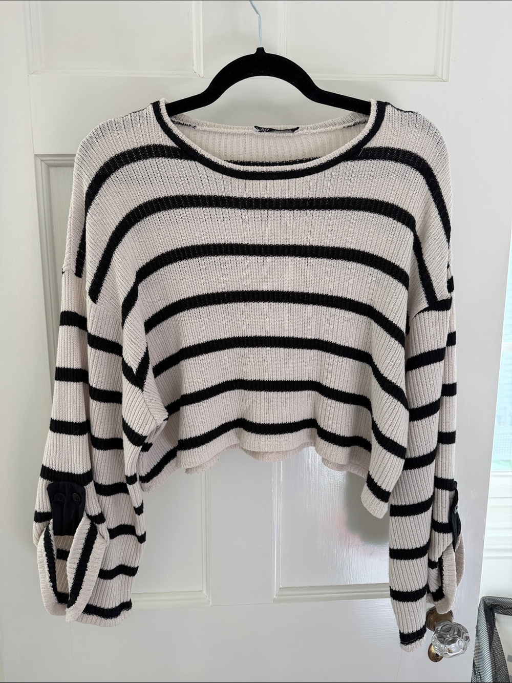 Zara Striped Cropped Knit Sweater - Black & Cream